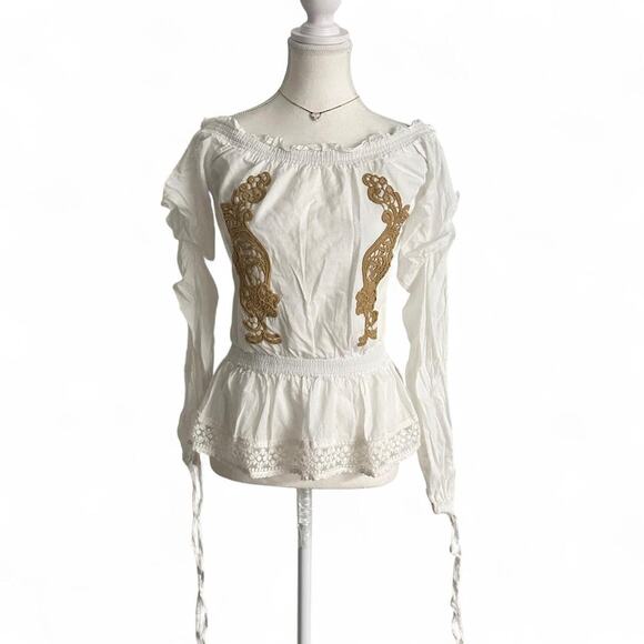 100% Cotton Off The Shoulder Vintage Embroidered Boho Blouse Cinched Size XS - Picture 1 of 6